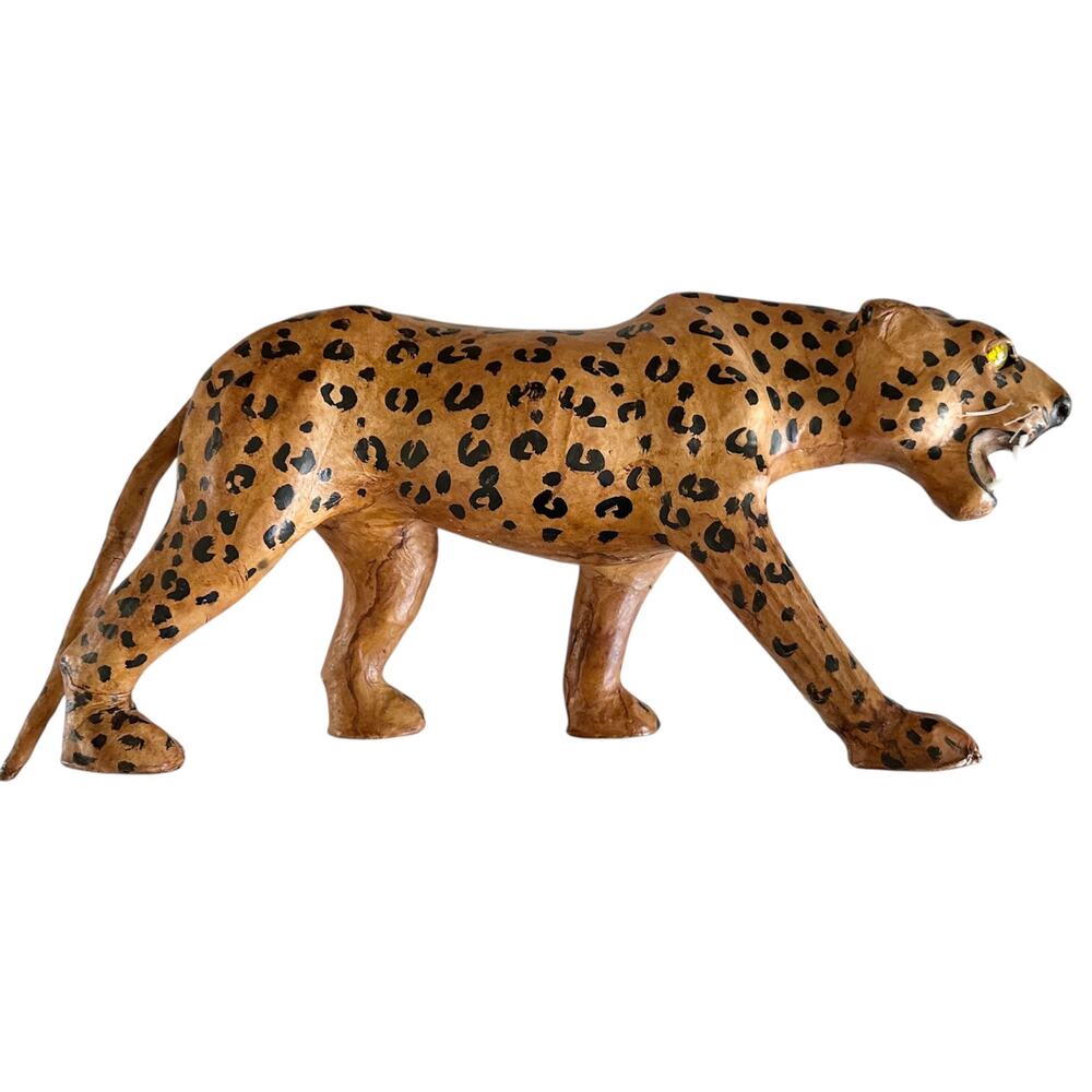 Vintage Leather Leopard Statue 1970s Hollywood regency Glam home decor unique